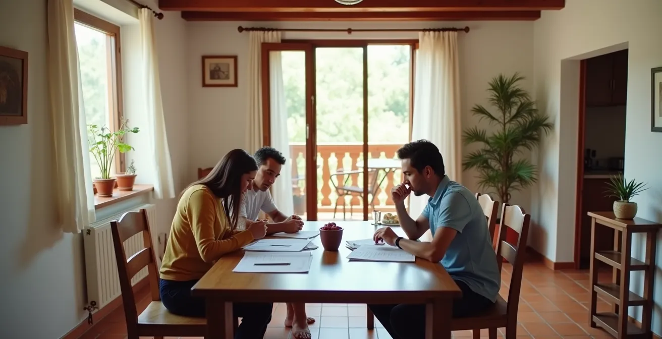 Vista amplia de salón español con familia revisando documentos financieros juntos
