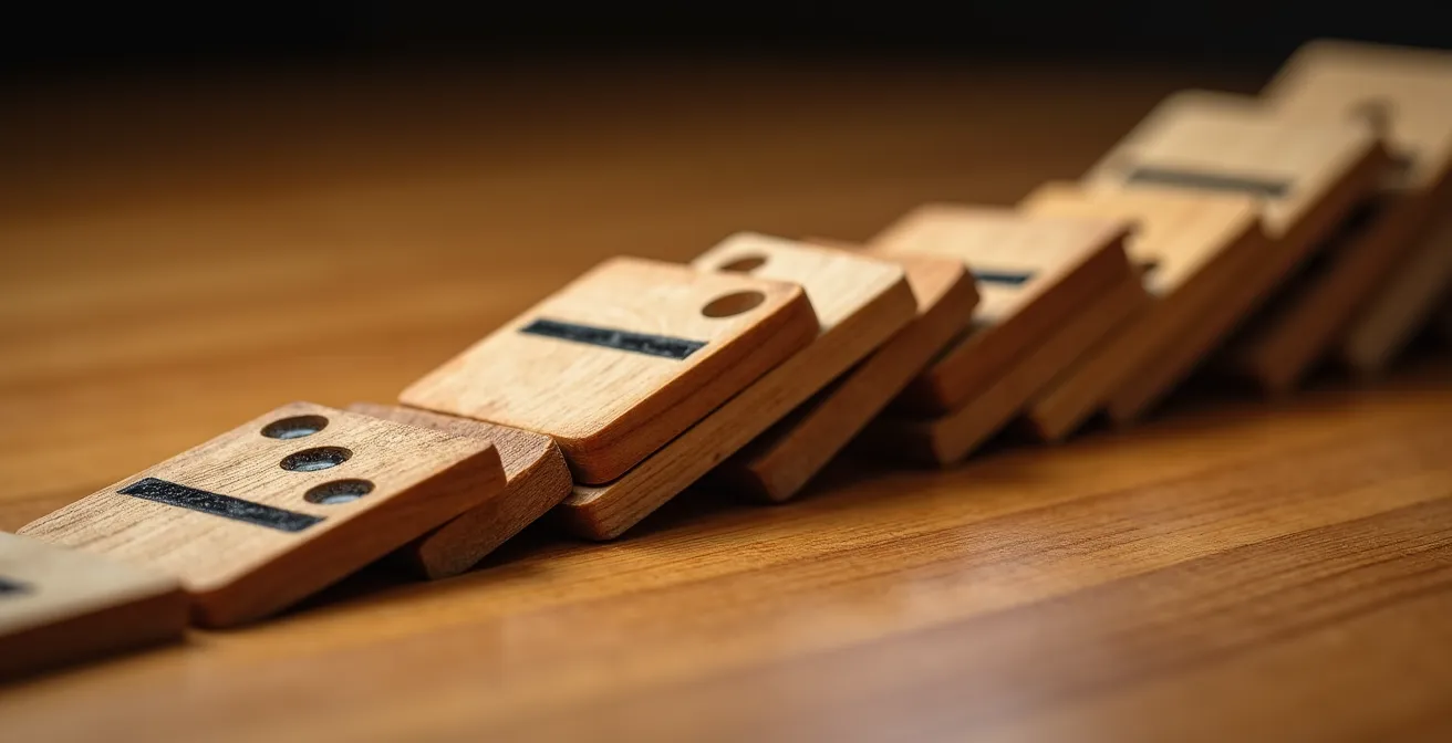 Detalle macro de fichas de dominó cayendo en cadena sobre superficie de madera