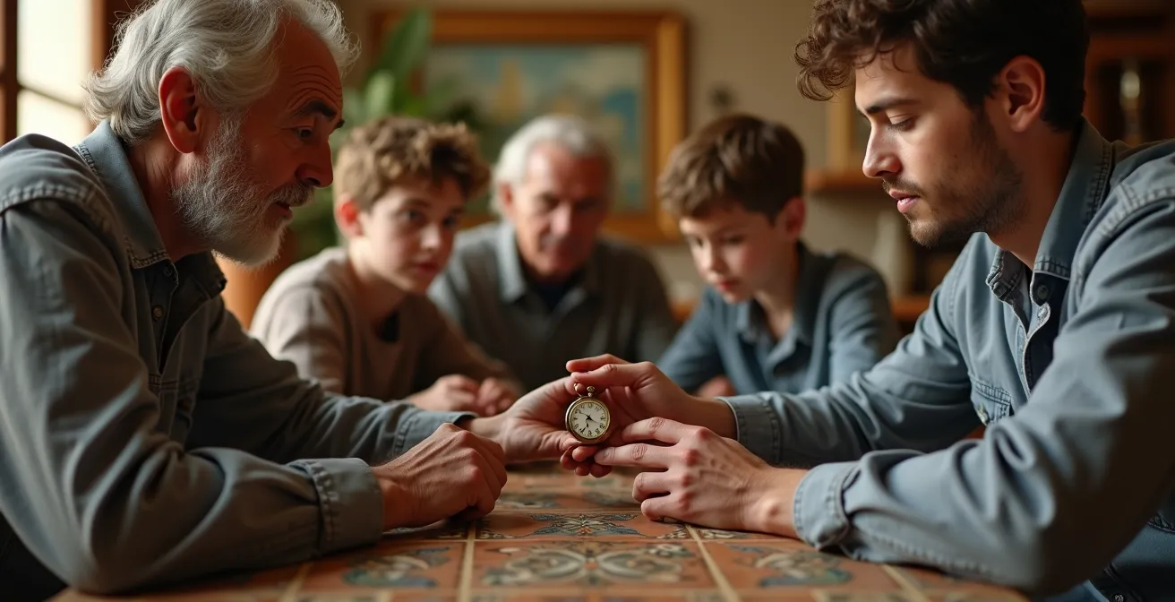 Reunión familiar multigeneracional discutiendo planificación patrimonial en ambiente hogareño