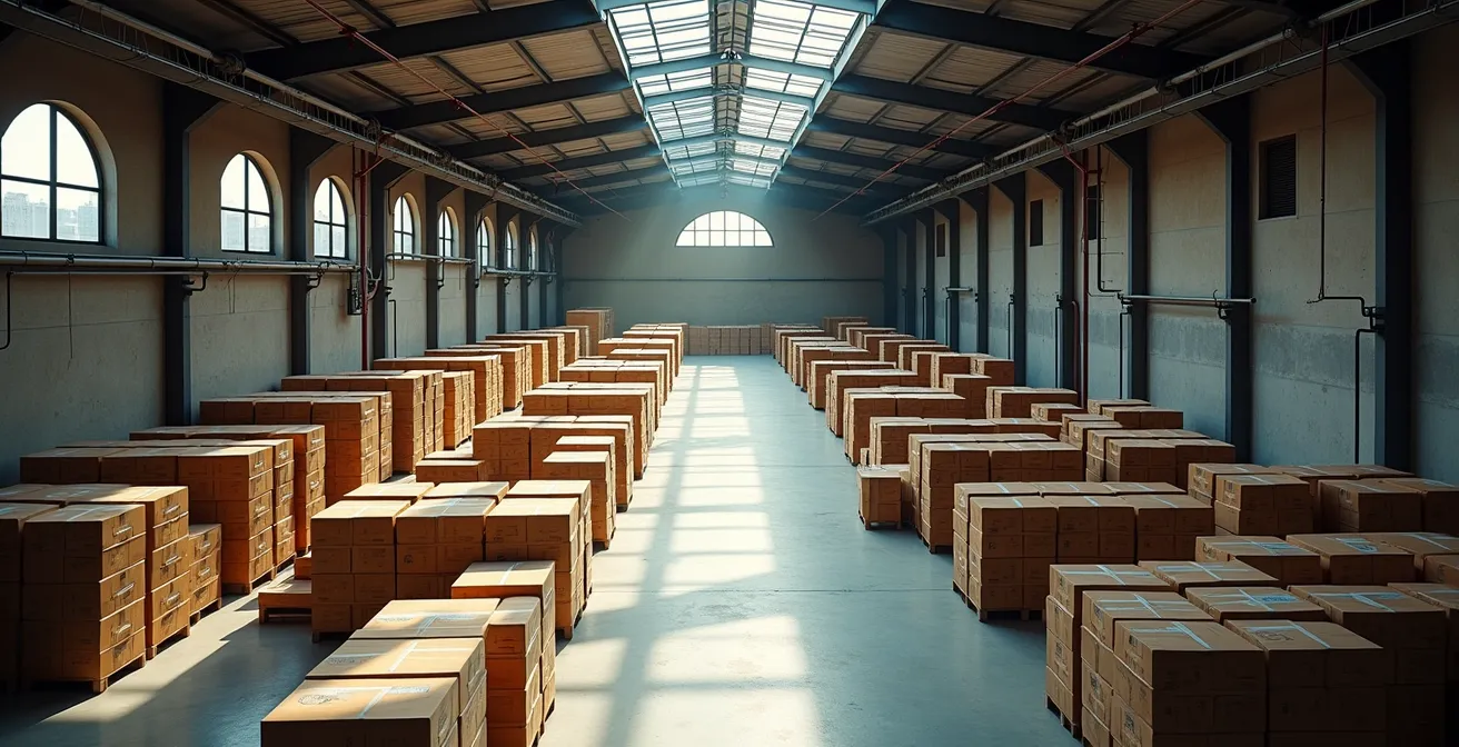 Vista aérea de nave industrial con inventario y maquinaria para valoración de liquidación