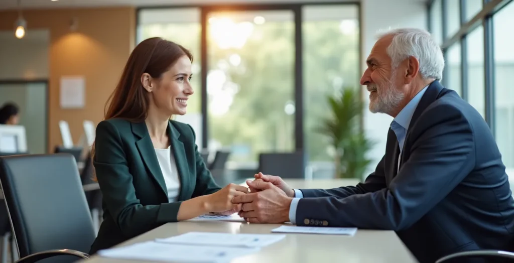 Empleado bancario atendiendo con amabilidad y de forma personalizada a una persona mayor en una oficina luminosa. Empleado bancario atendiendo con amabilidad y de forma personalizada a una persona mayor en una oficina luminosa.